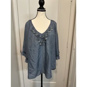 Rebecca Taylor Silk Blue‎ Sequin Ruffle Blouse Size 6 3/4 Sleeve Boho Holiday